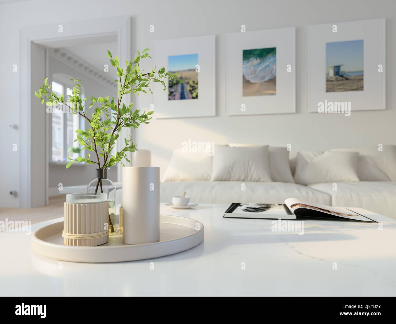 3D illustration. modern scandinavian living room with wall images. Stock Photo