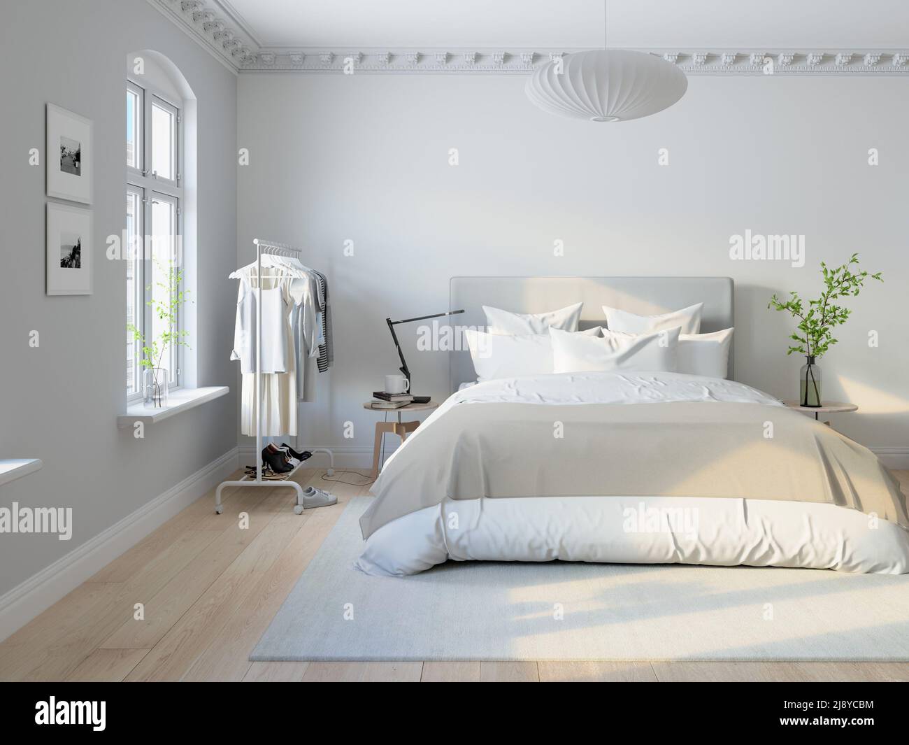 3d illustration. scandinavian style bedroom with wall prints. Stock Photo