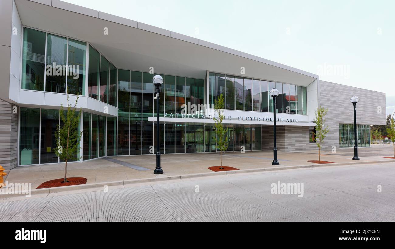 Patricia Reser Center for the Arts, 12625 SW Crescent St, Beaverton storefront photo of a performing arts venue 'the Reser' at the Round. Oregon Stock Photo