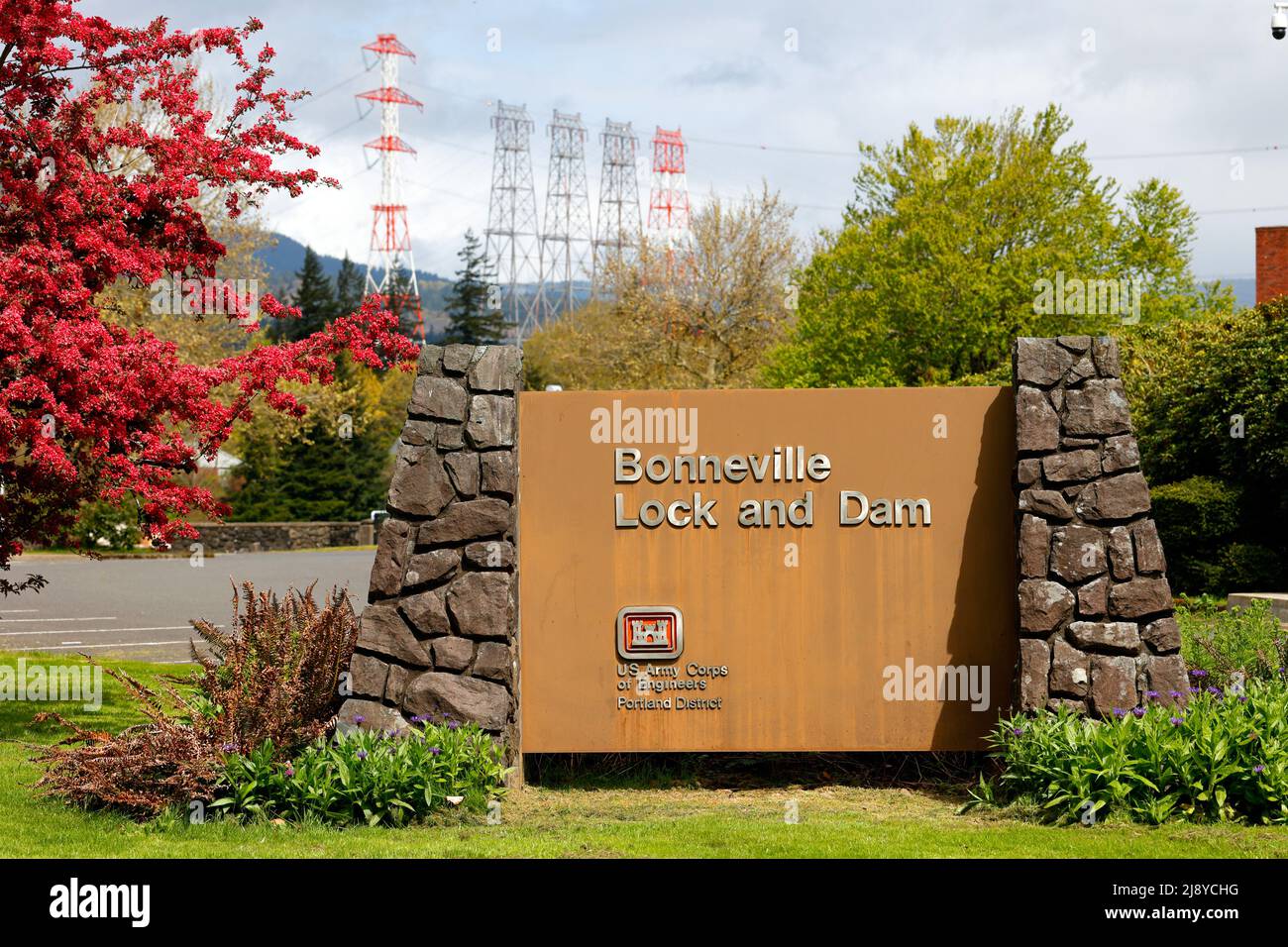 Signage for Bonneville Lock and Dam over the Columbia River, Oregon. US Army Corps of Engineers. hydroelectric power, hydropower Stock Photo