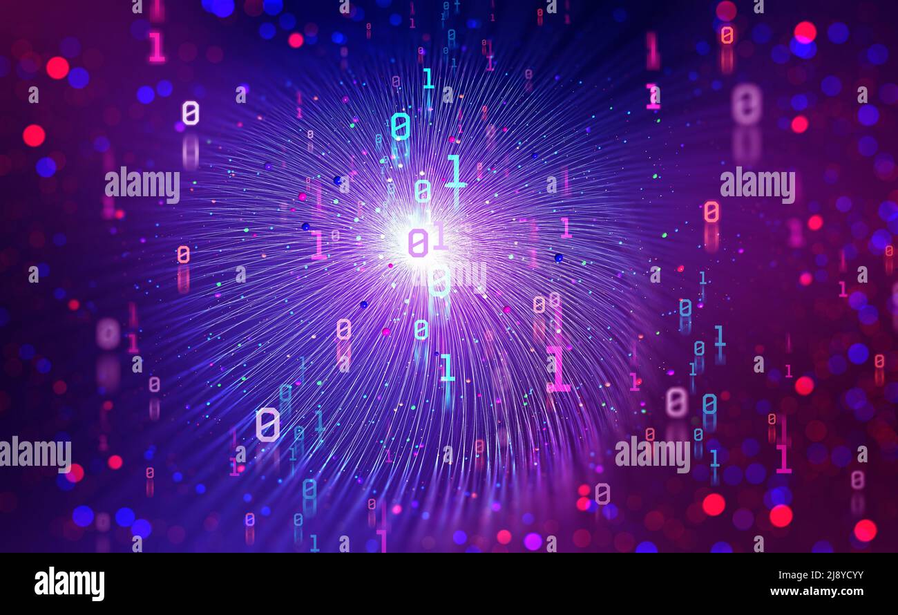 Digital technologies of the future. Unit and zero in binary code. Big data funnel in the global computer universe. 3D illustration with bokeh elements Stock Photo