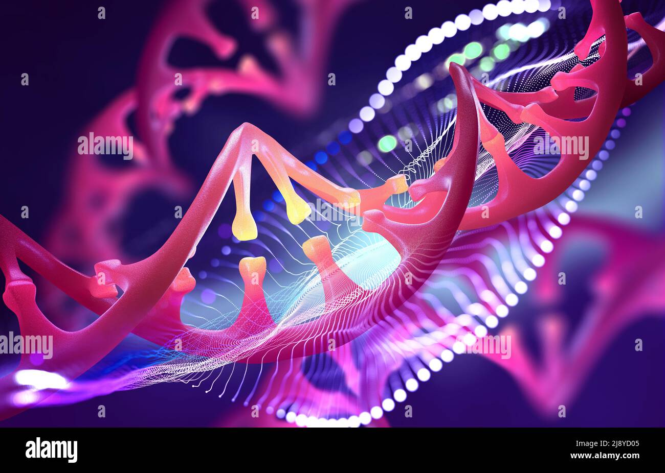 DNA genome decoding colorful design concept. Purple macro fantasy of a digital microscope. Laboratory research of molecular particles 3D illustration Stock Photo