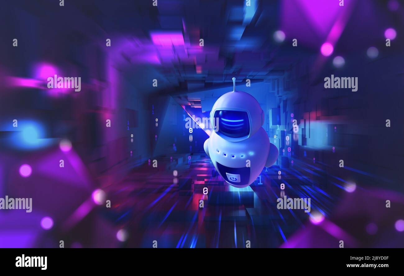 Cyber art, electronic music festival, space of information fields. Robot  drone in a neural network. Abstract 3D illustration in neon light Stock  Photo - Alamy