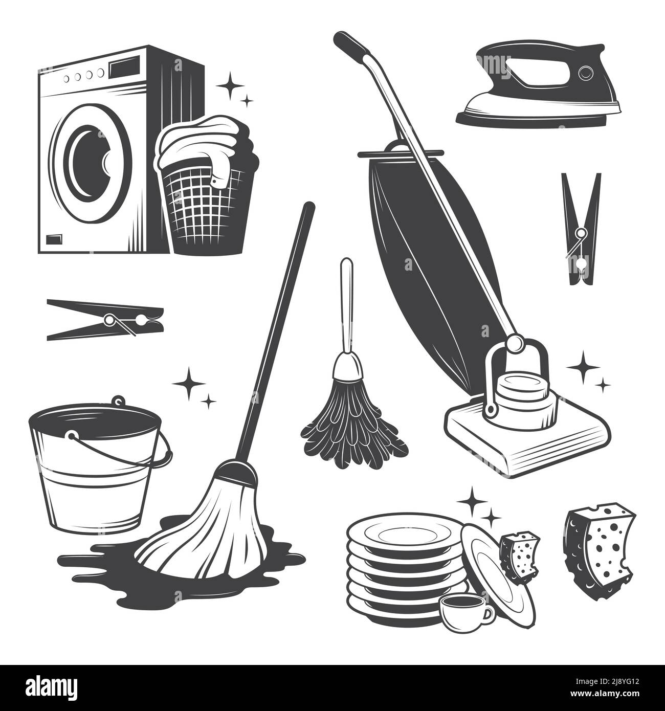 Set of black and white vintage cleaning tools. Stock Vector