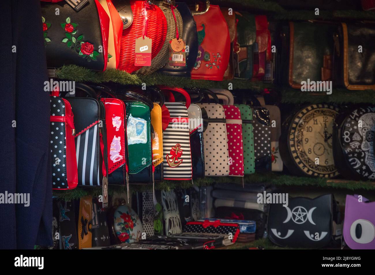 London, UK - December 2, 2021 - Leather handcraft bags on display at Christmas market Hyde Park Winter Wonderland Stock Photo