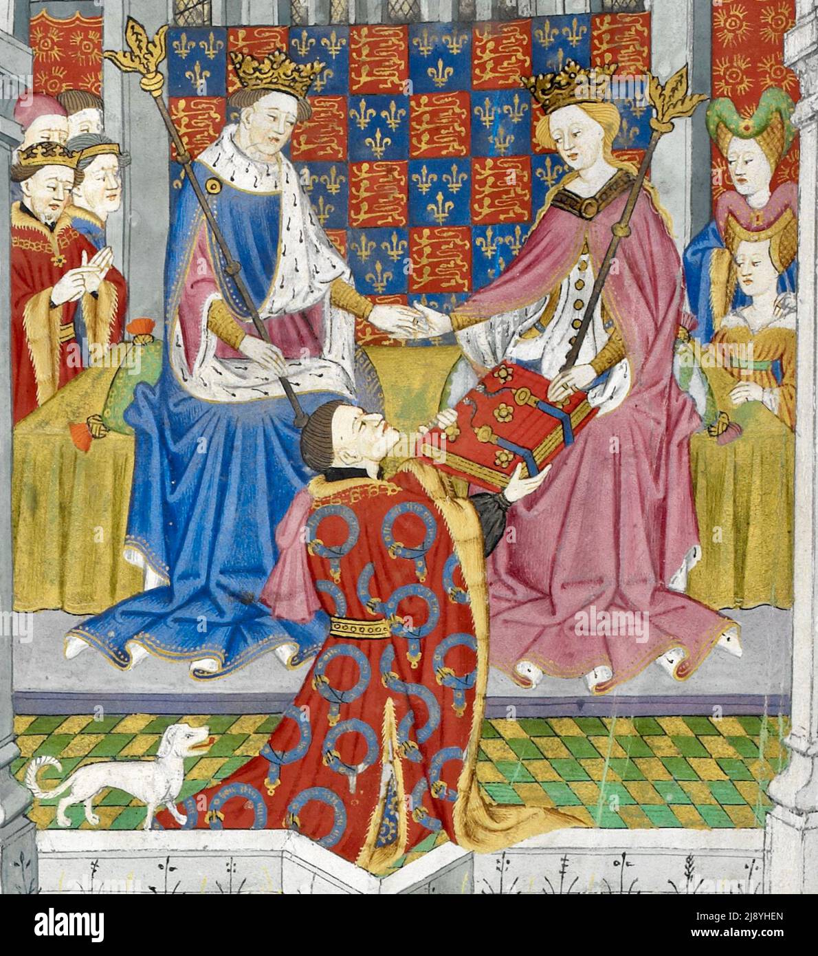 John Talbot, 1st Earl of Shrewsbury, with his characteristic dog presenting the book as a gift to Margaret of Anjou and Henry VI - 1400's Stock Photo