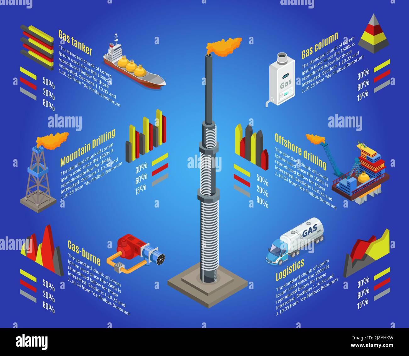 Isometric gas industry infographic concept with derrick tanker mountain drilling rig station offshore platform truck isolated vector illustration Stock Vector