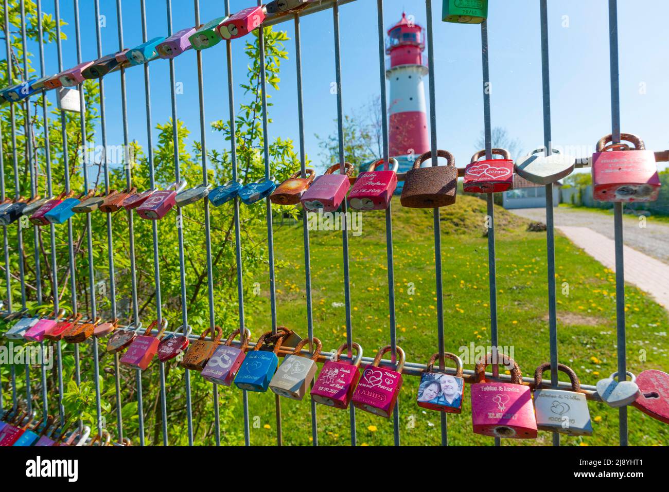 Love locks of married couples at lighthouse Falshöft on the Baltic coast, Baltic Sea, Nieby community, Schleswig-Holstein, Northern Germany, Europe Stock Photo