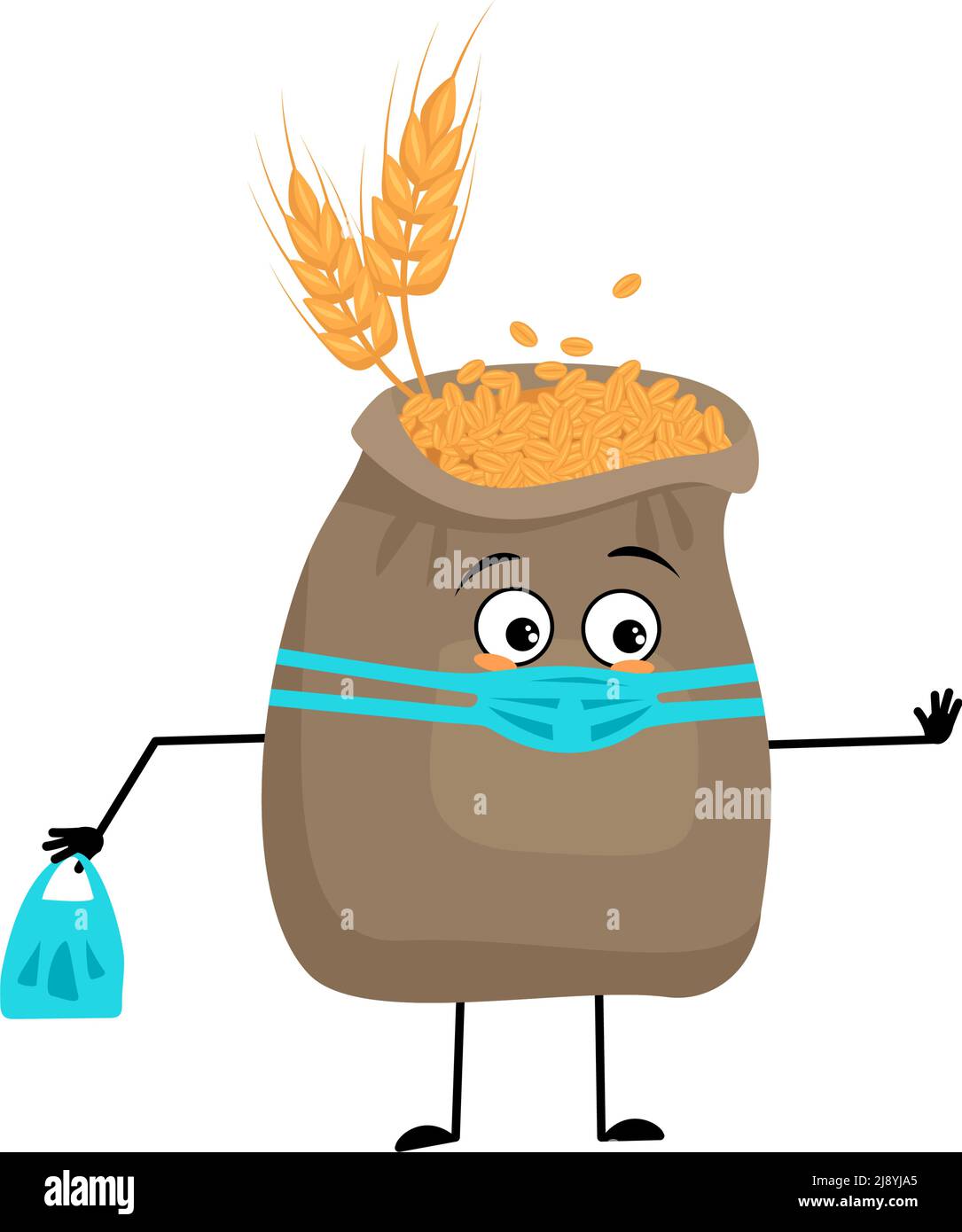 Cute sack of wheat and ear character with face in medical mask and keep distance, hands with shopping bag and stop gesture. Cereal crop with care facial expression and pose. Vector flat illustration Stock Vector