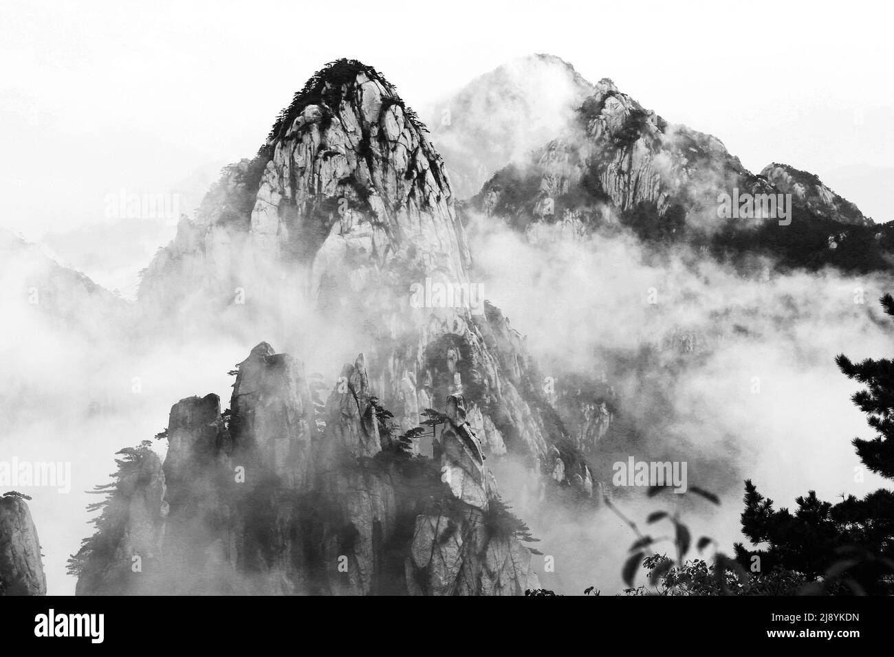 Morning mist in the Haungshan National Park, China (Black and White version) Stock Photo