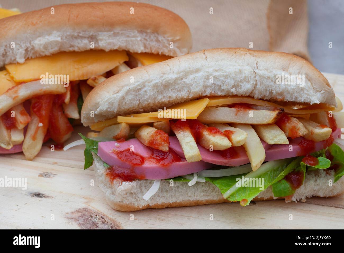 South African submarine sandwich with chips and meat known as a Gatsby