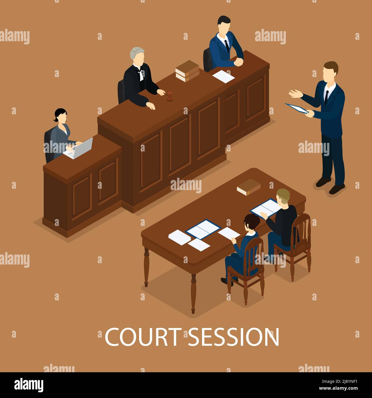 Isometric Judicial Session Concept With Judge At Trial Table And