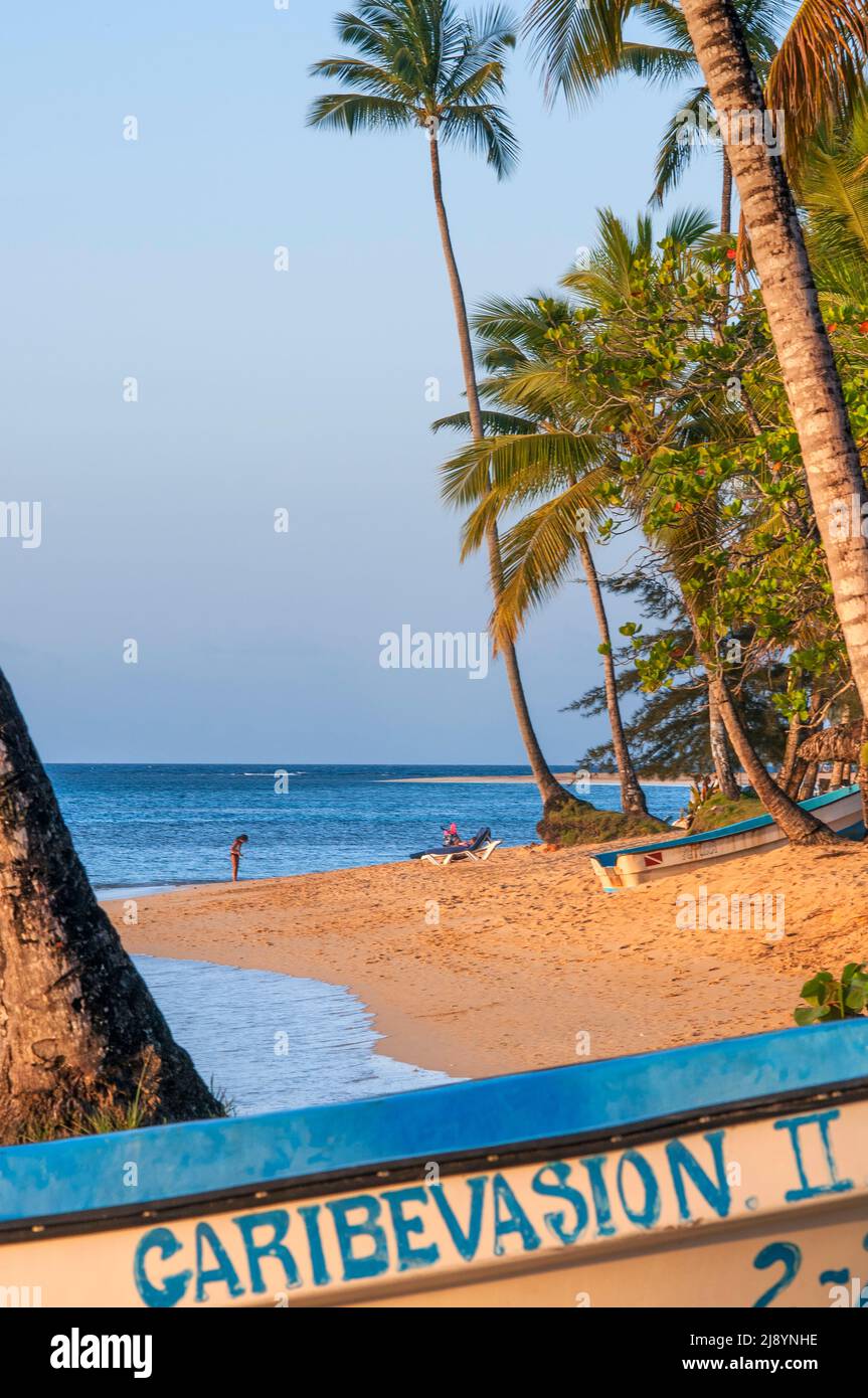 Tourists and fishers boats in Las Terrenas beach, Samana, Dominican Republic, Carribean, America. Tropical Caribbean beach with coconut palm trees.  T Stock Photo