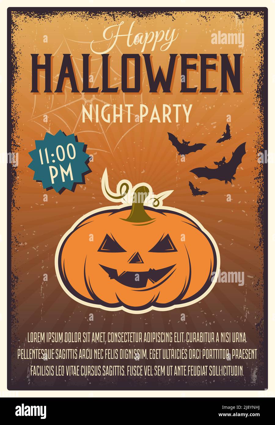 Halloween night party poster with lantern of jack spiderweb and bats on tan radial background vector illustration Stock Vector