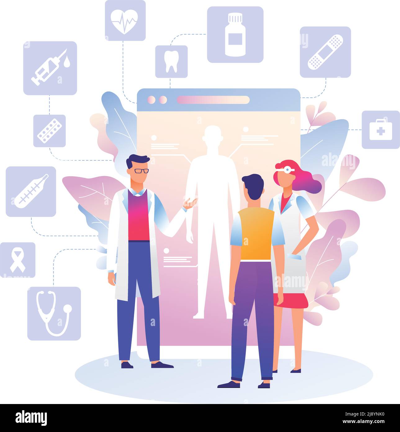 Young doctor man, woman and patient stand in front of the screen smartphone. Mobile app medicine. Consultation and diagnosis. Stock Vector