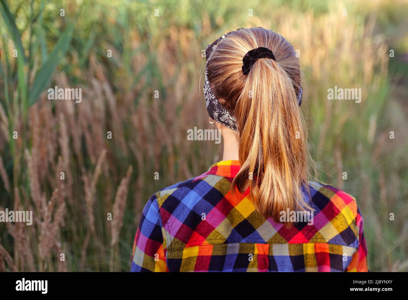 Defocus ponytail hairstyle. Teen or preteen girl walking on nature background and standing back. Little kid girl. Green meadow. Generation z. Autumn, Stock Photo
