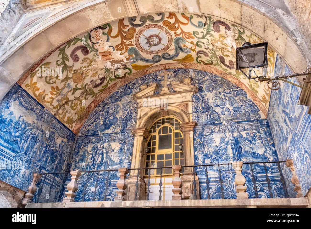 View to Azulejo and decorated ceiling of Porta da Vila the main entrance to medieval Obidos, Portugal Stock Photo