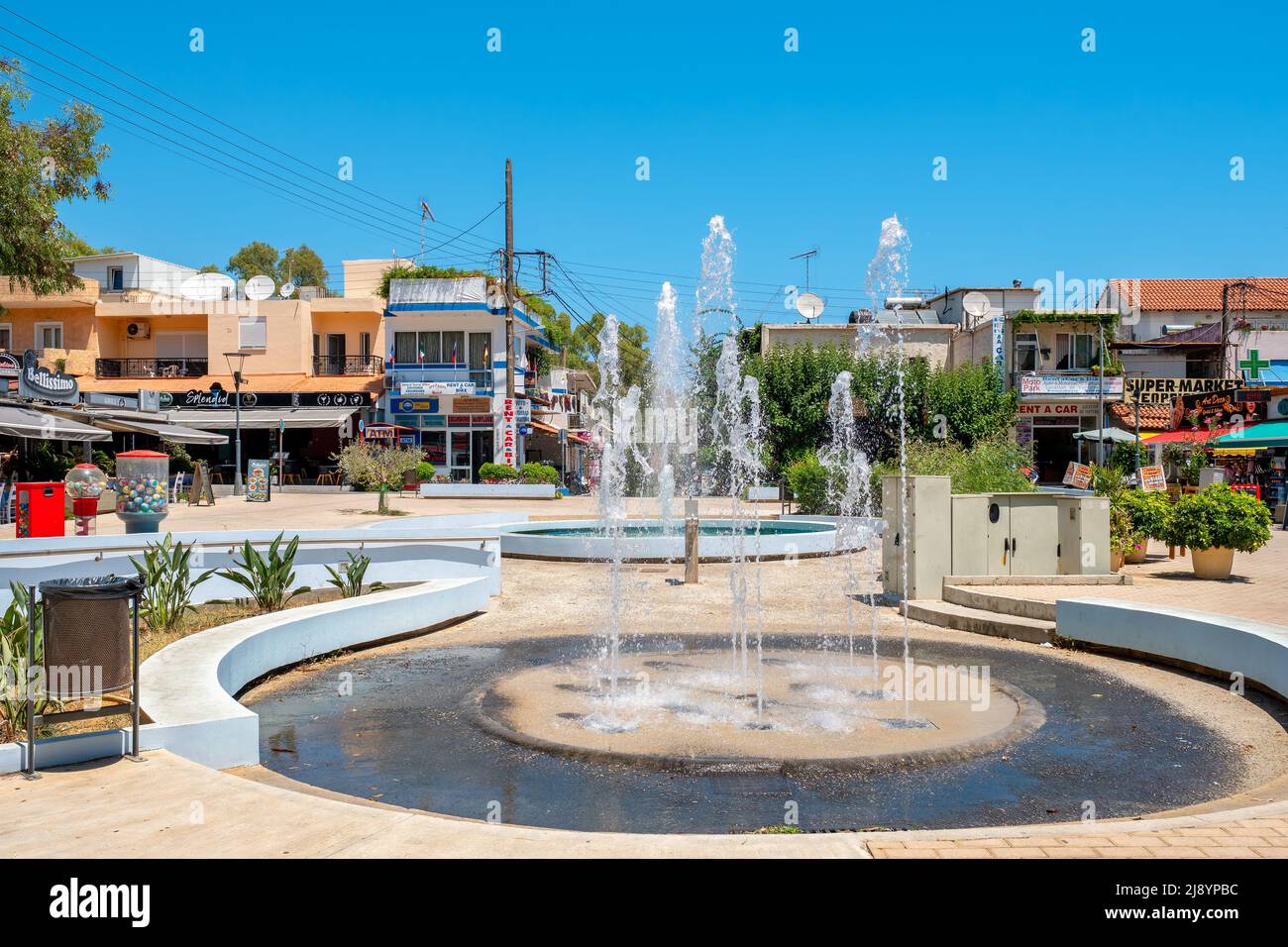 Main square with the fountains in Georgioupolis. Crete, Greece Stock Photo