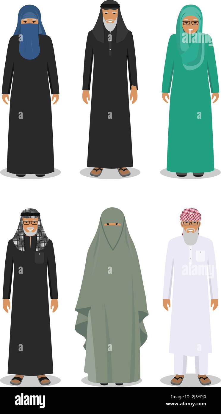 Detailed illustration of different standing arab senior man and woman in the traditional national muslim arabic clothing isolated on white background Stock Vector