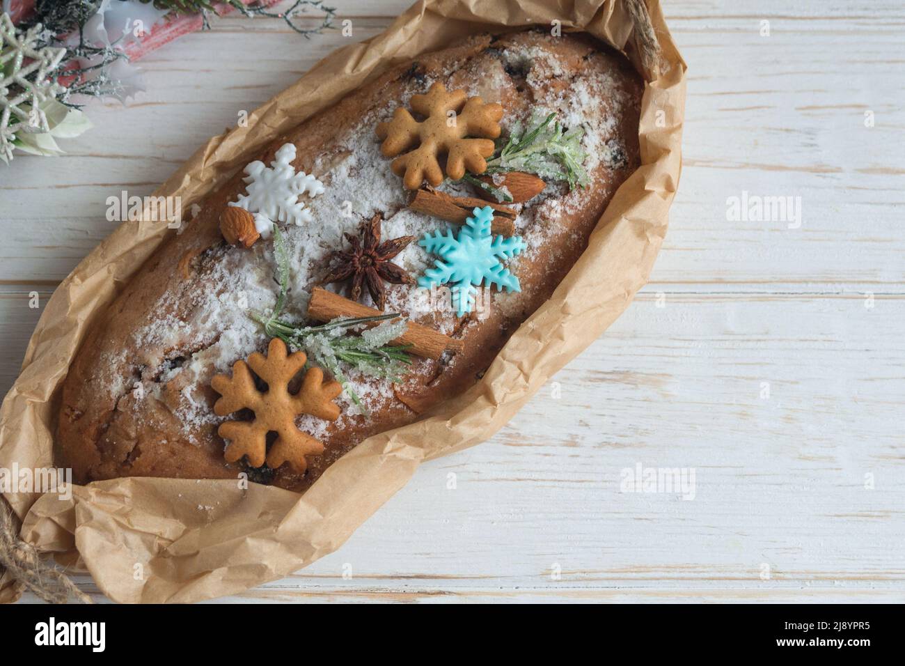 Christmas stollen is a traditional Christmas holiday German baked goods. Holidays Christmas and New Year. Stock Photo