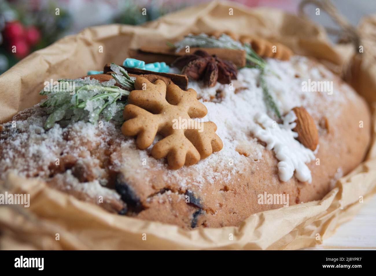 Snowflake gingerbread close up. Christmas stollen is a traditional Christmas holiday German baked goods. Holidays Christmas and New Year. Stock Photo