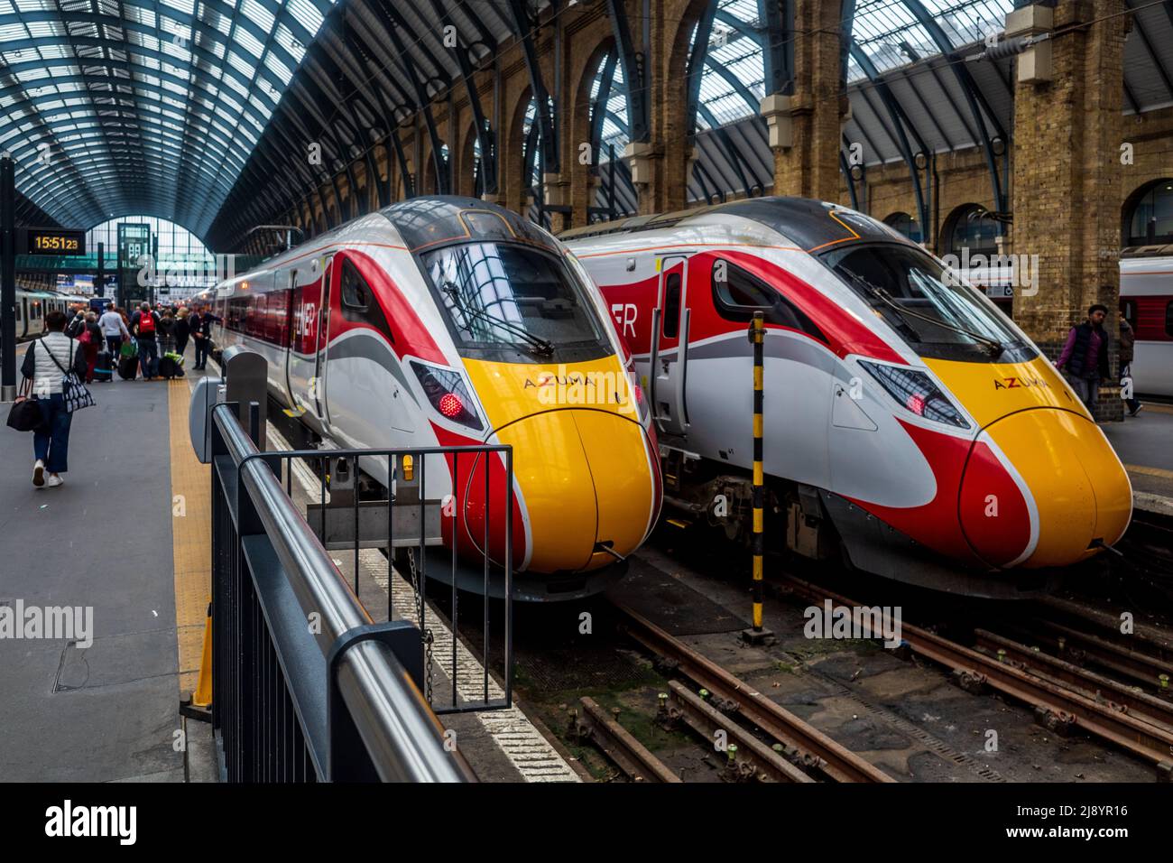 Kings Cross Station LNER Azuma Trains at London's Kings Cross Station - the Hitachi Azuma trains entered service on the East Coast Main Line in 2019. Stock Photo