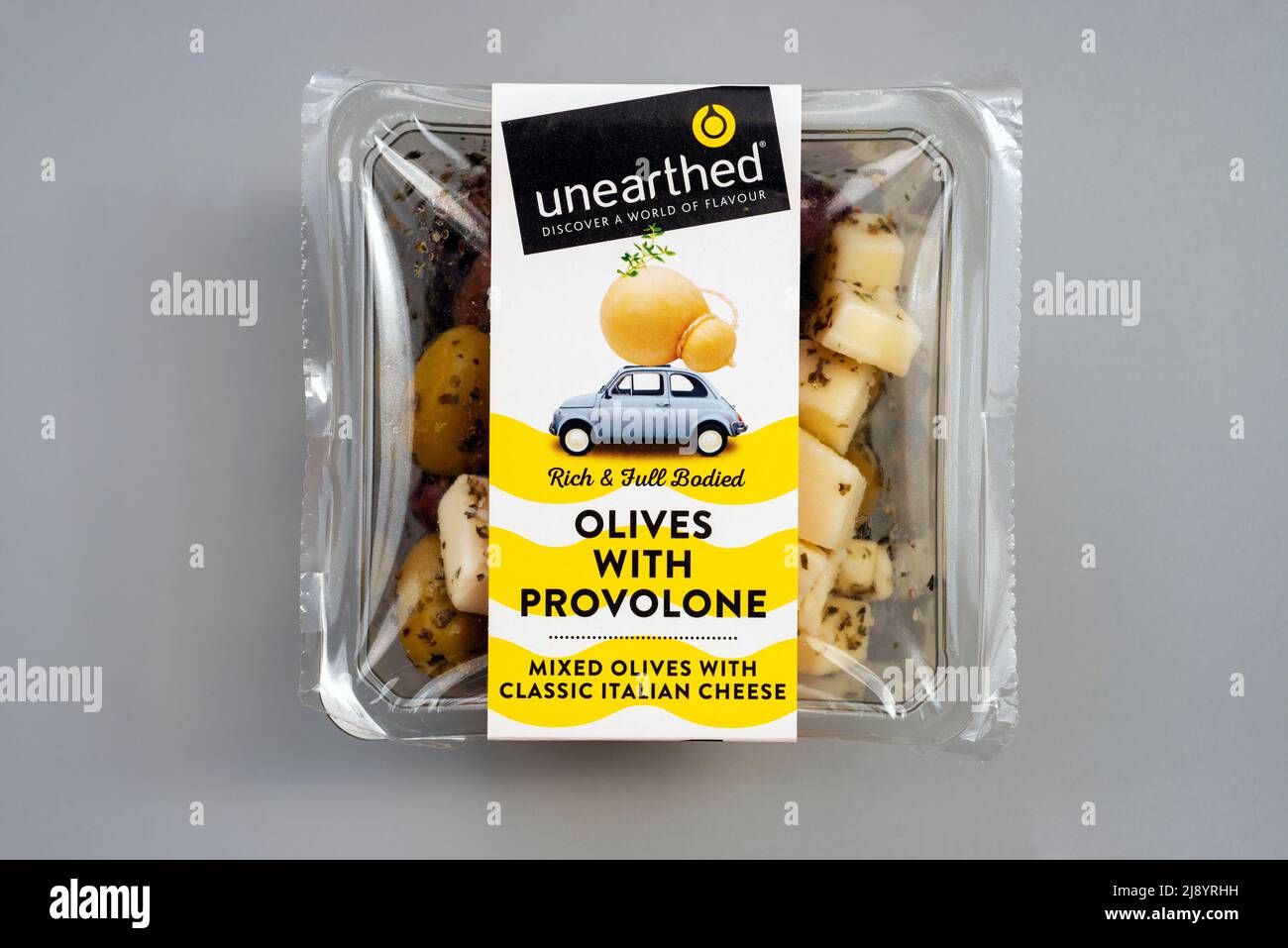 Unearthed olives with provolone with classic Italian cheese Stock Photo