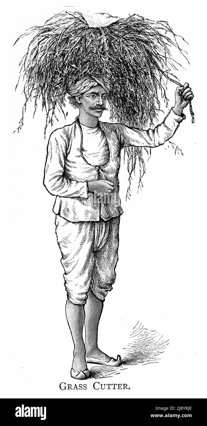 Engraving of a grass cutter from India, circa 1880 Stock Photo