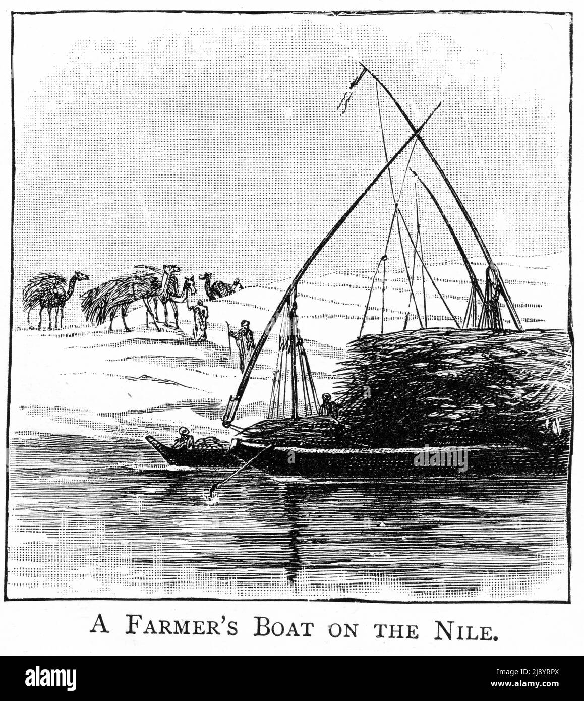 Engraving of a farmer's boat on the Nile River in Egypt, from a publication circa 1900 Stock Photo