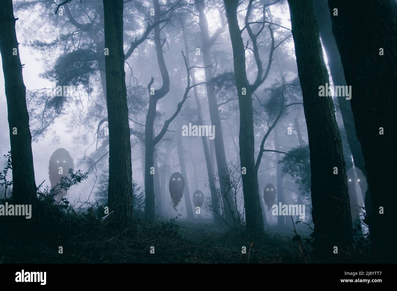 A spooky concept of a cute floating ghosts with glowing eyes, looking