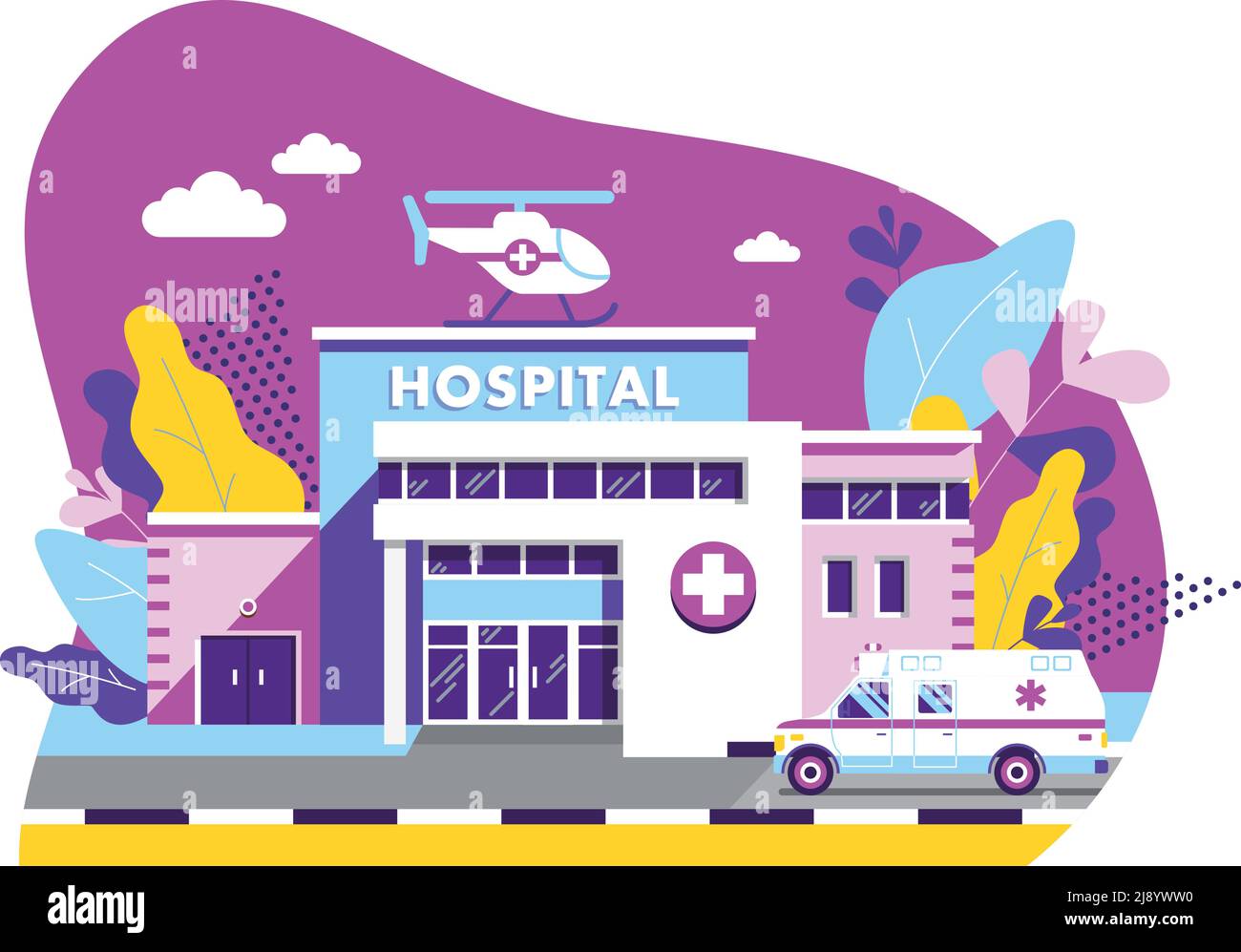 Panoramic background with clinic building, ambulance car and helicopter in flat style Stock Vector