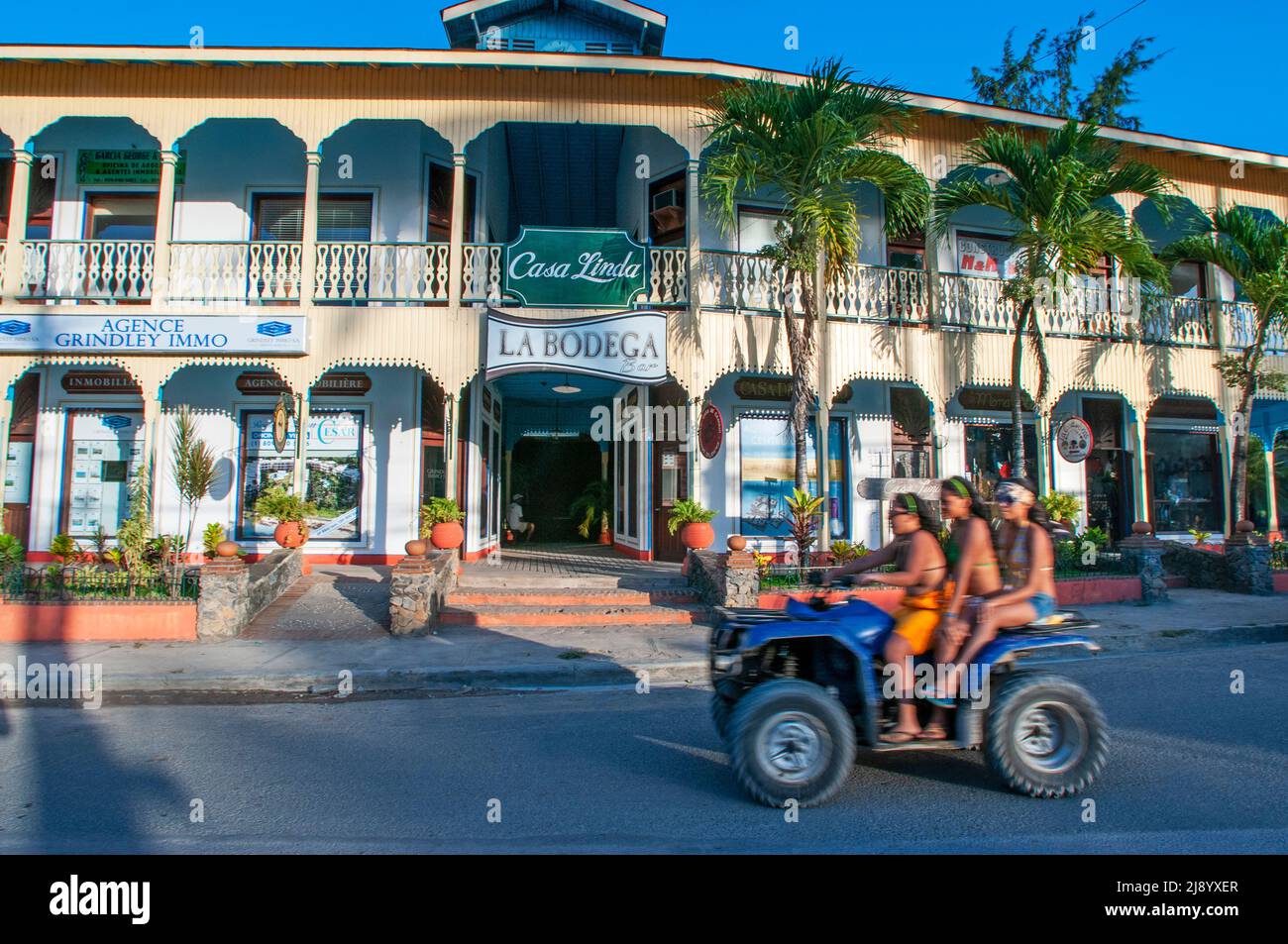 Grils in ATV All terrein vehicle quad in Las Terrenas city center Samana, Dominican Republic, Carribean, America.   Las Terrenas is the perfect mix of Stock Photo