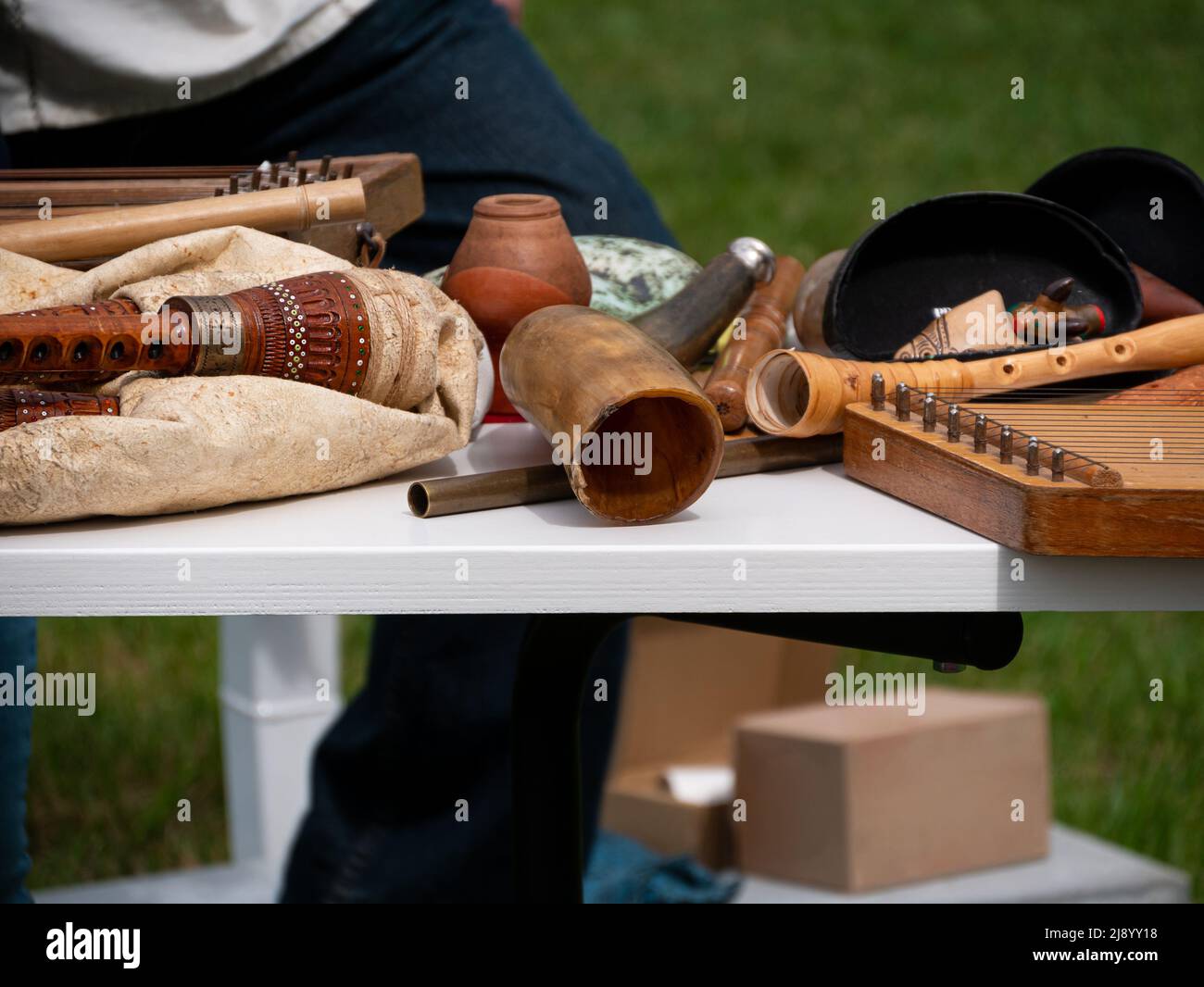 Various ukraininan traditional ethnic musical instruments. Tsymbaly, rebro, kobza, torban, lira, sopilka and surma. National acoustic folk music festi Stock Photo