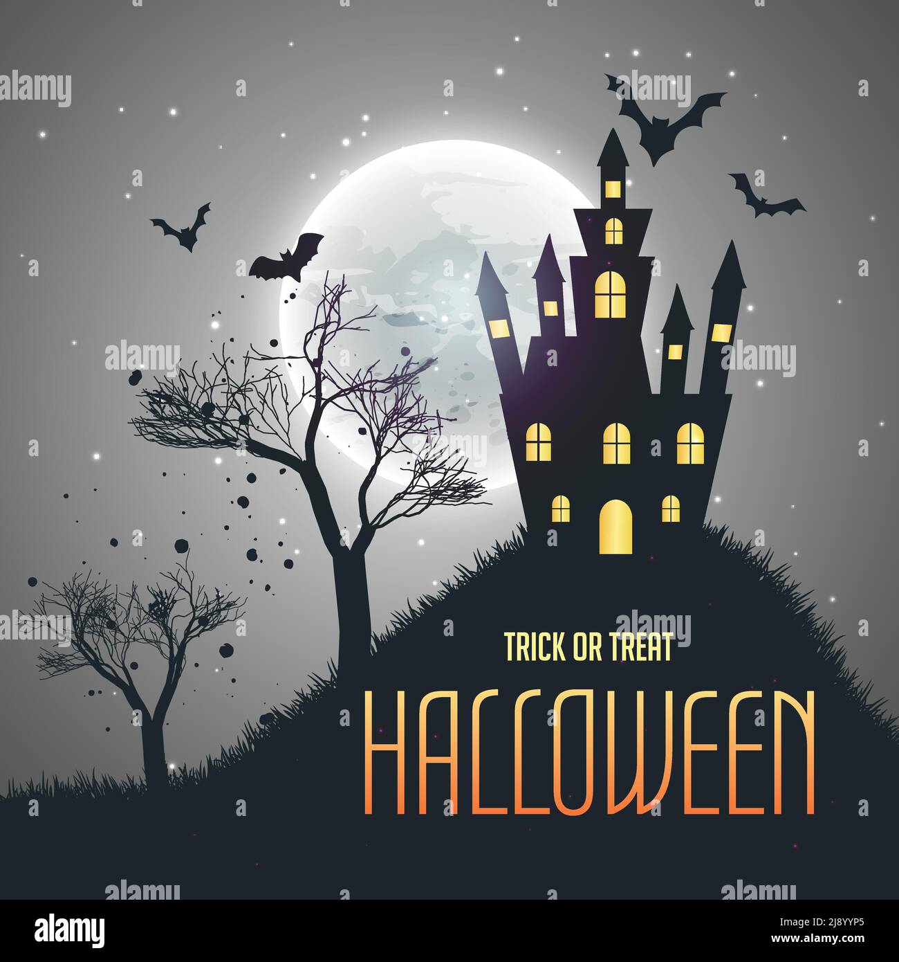 halloween house night sky background with moon and flying bats Stock ...