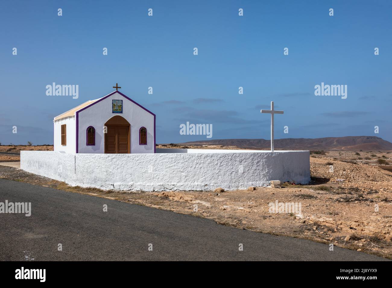 A beautiful white painted church called Capela Nossa Senhora de Fatima,(Church of Our Lady of Fatima), Santa Maria, Sal Island, Cape Verde, Cabo Verde Stock Photo