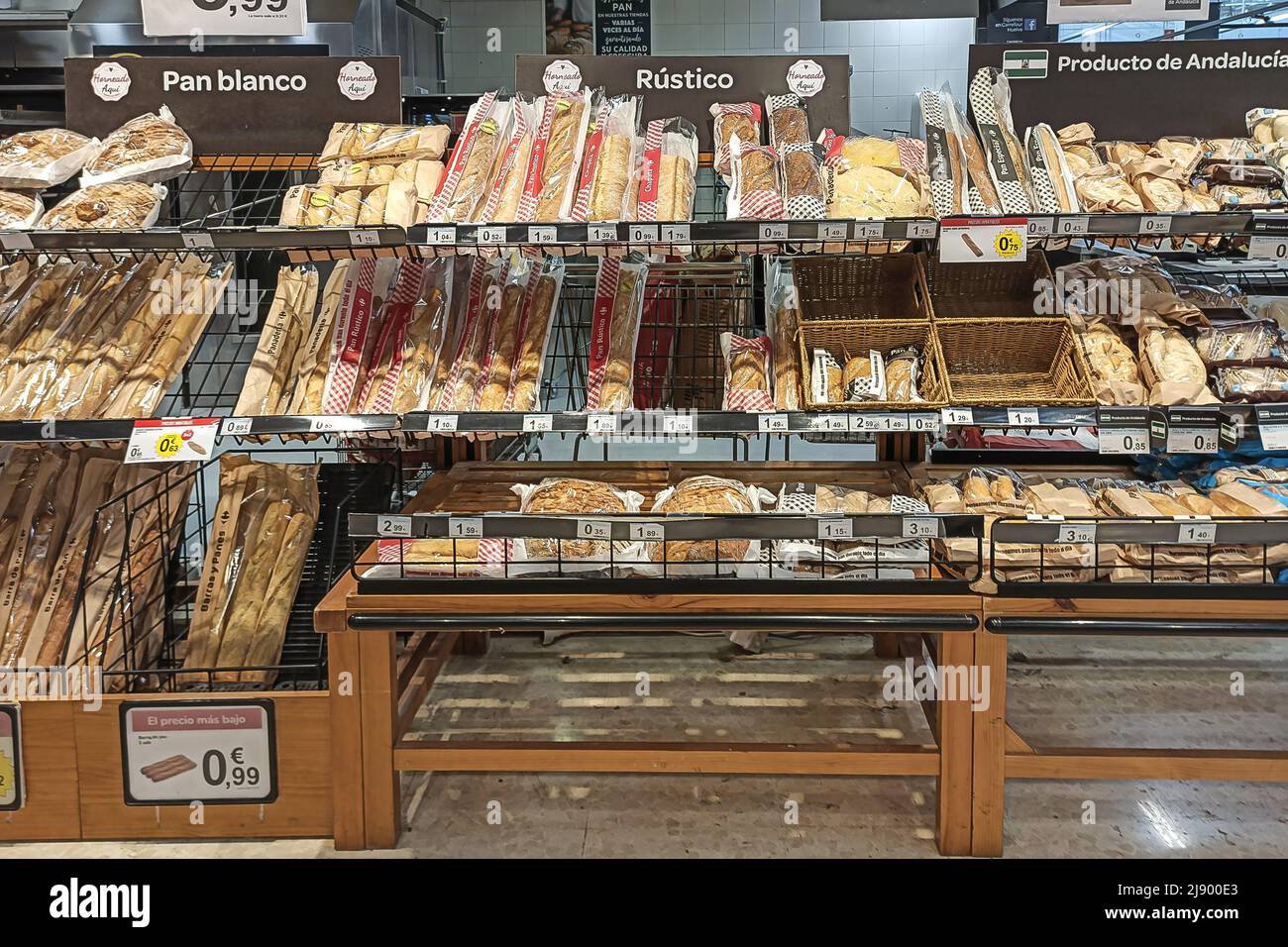 Huelva, Spain - May 10, 2022: Shelf of bread inside a supermarket Stock Photo