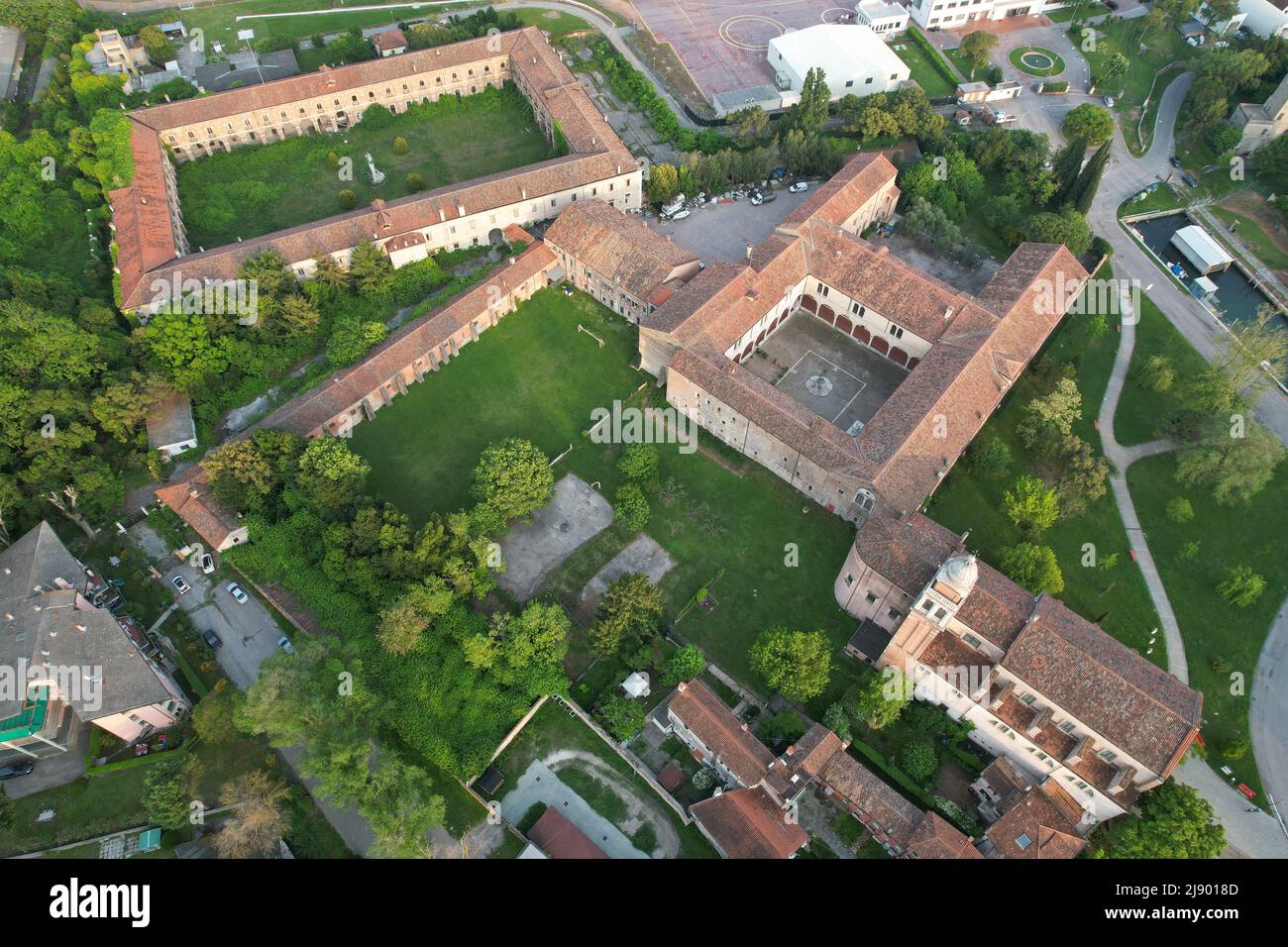 Lido di Venezia (Venice Lido). San Nicolo a Lido (St. Nicholas Monastery). Drone View. Stock Photo