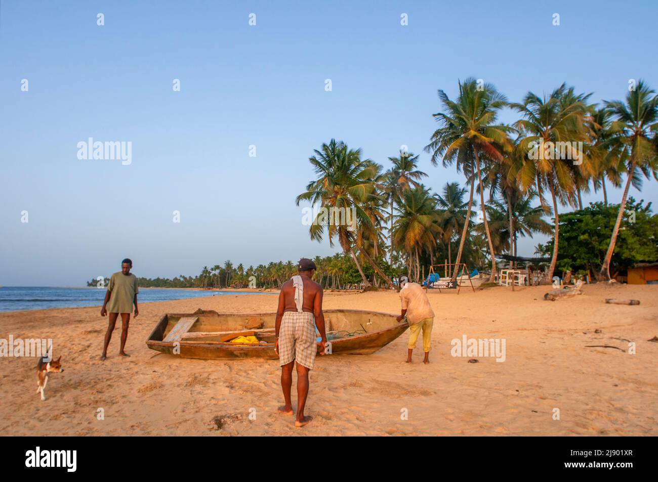 Local fishers in Las Terrenas beach, Samana, Dominican Republic, Carribean, America. Tropical Caribbean beach with coconut palm trees.  This white-san Stock Photo