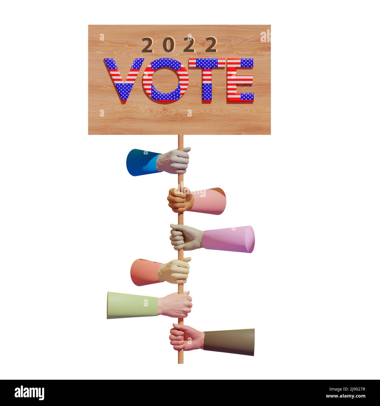 3d illustration, voting in the USA the hands of people of various states and nationalities hold a poster voting 2022 Stock Photo