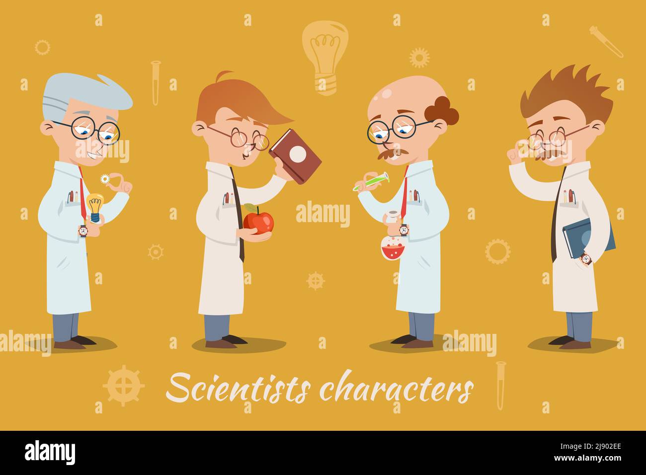 Set of four vector scientist characters wearing glasses and lab coats