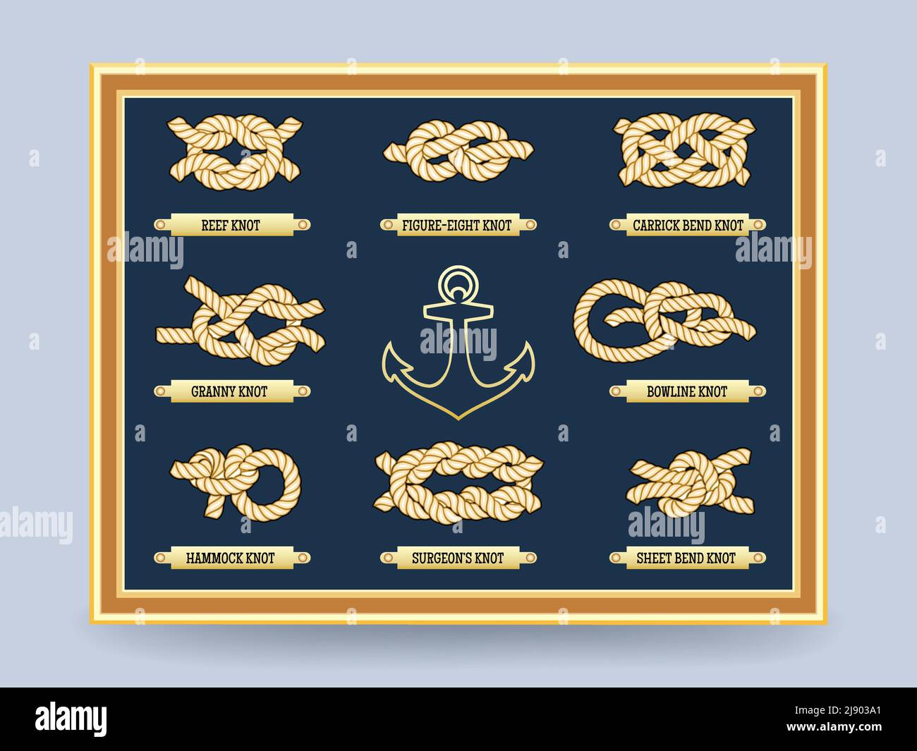 Nautical rope knots on the board in frame. Bowline knot and the figure