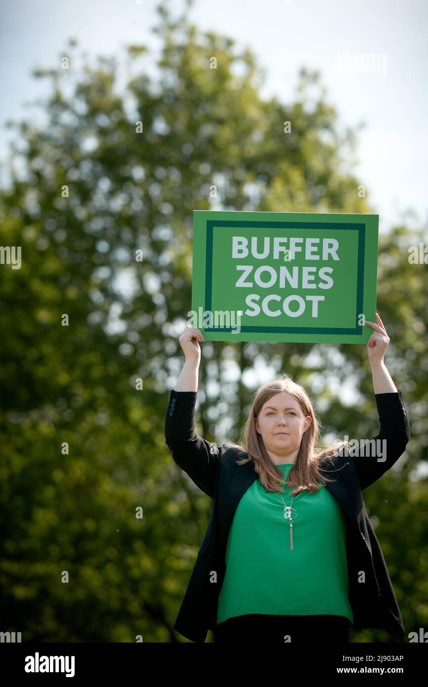 Edinburgh Scotland, UK May 19 2022. Scottish Greens Central Scotland MSP Gillian Mackay outside the Scottish Parliament to launch a public consultation on her member’s bill proposal to introduce ‘buffer zones’ around hospitals and clinics that provide abortion services. credit sst/alamy live news Stock Photo