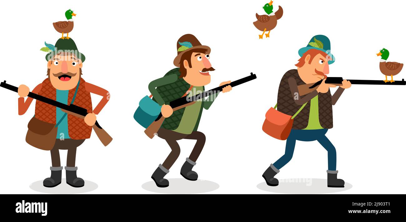 Vector hunter with gun. Weapon and shotgun, hunting sport, duck and shooter Stock Vector