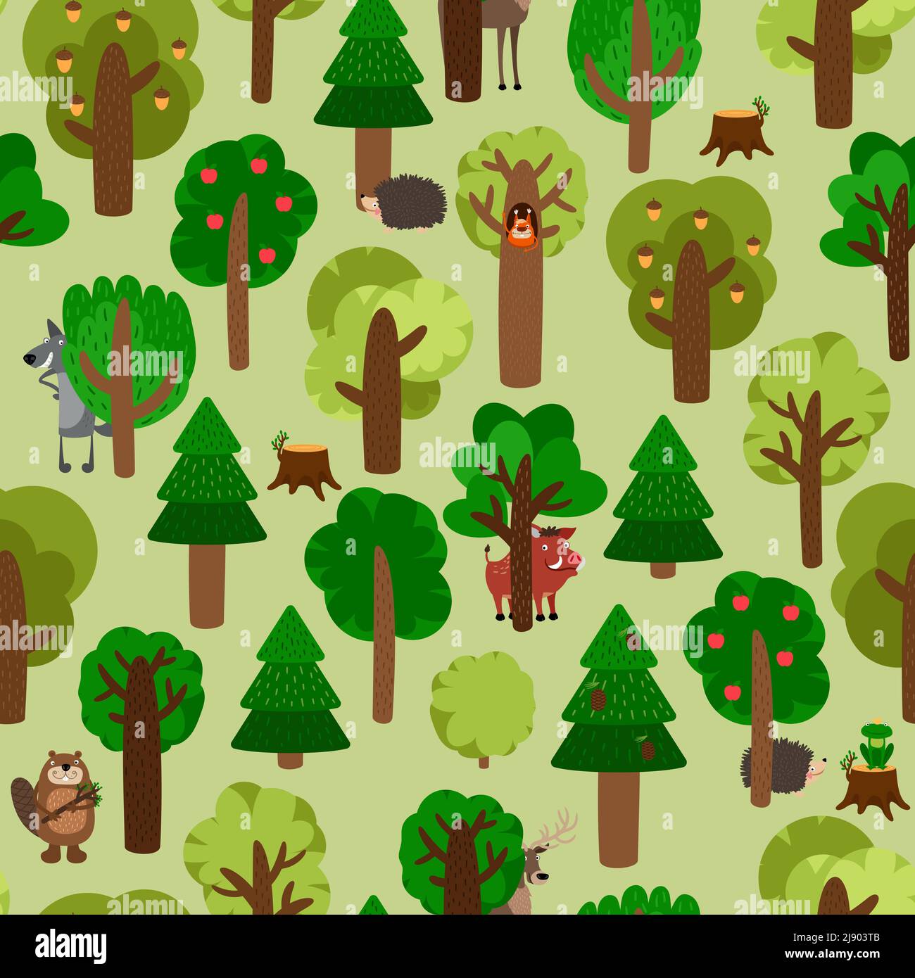 Seamless pattern of green trees with animals. Hedgehog, wild boar, squirrel, wolf, beaver and deer. Vector illustration Stock Vector