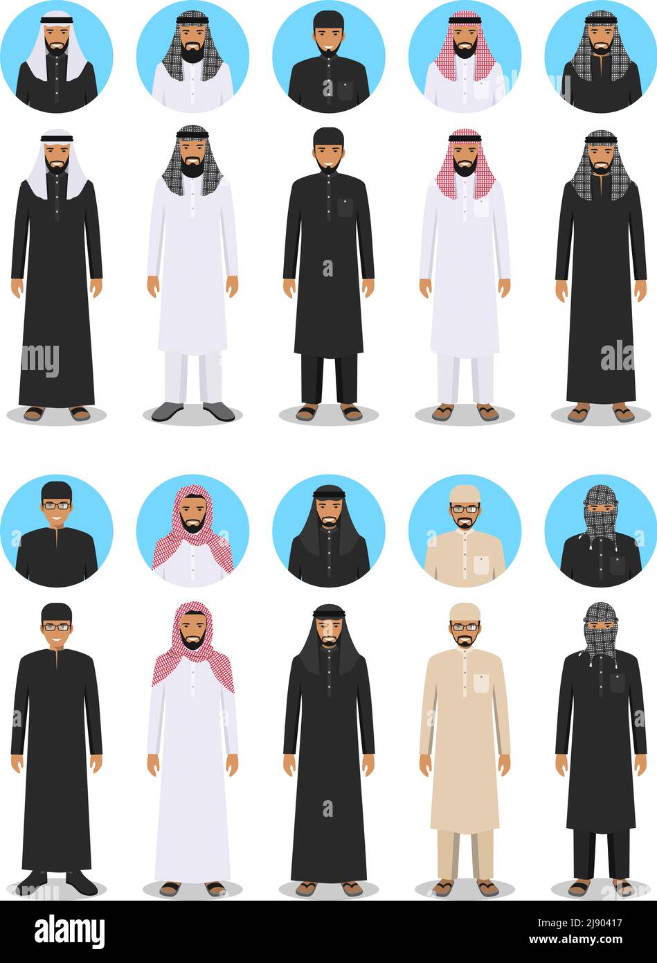 Social and family concept. Detailed illustration of different standing arab men in the traditional national muslim arabic clothing isolated on white b Stock Vector