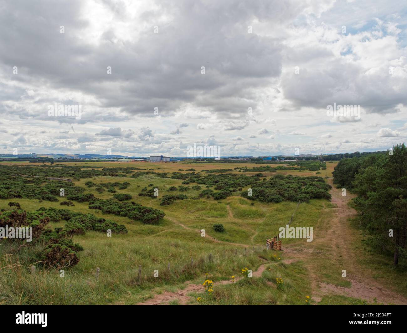 Looking back from the Top of the Dunes of Montrose Beach towards the Industrial Estate and Sewage Works, with sandy paths crossing the Heath. Stock Photo