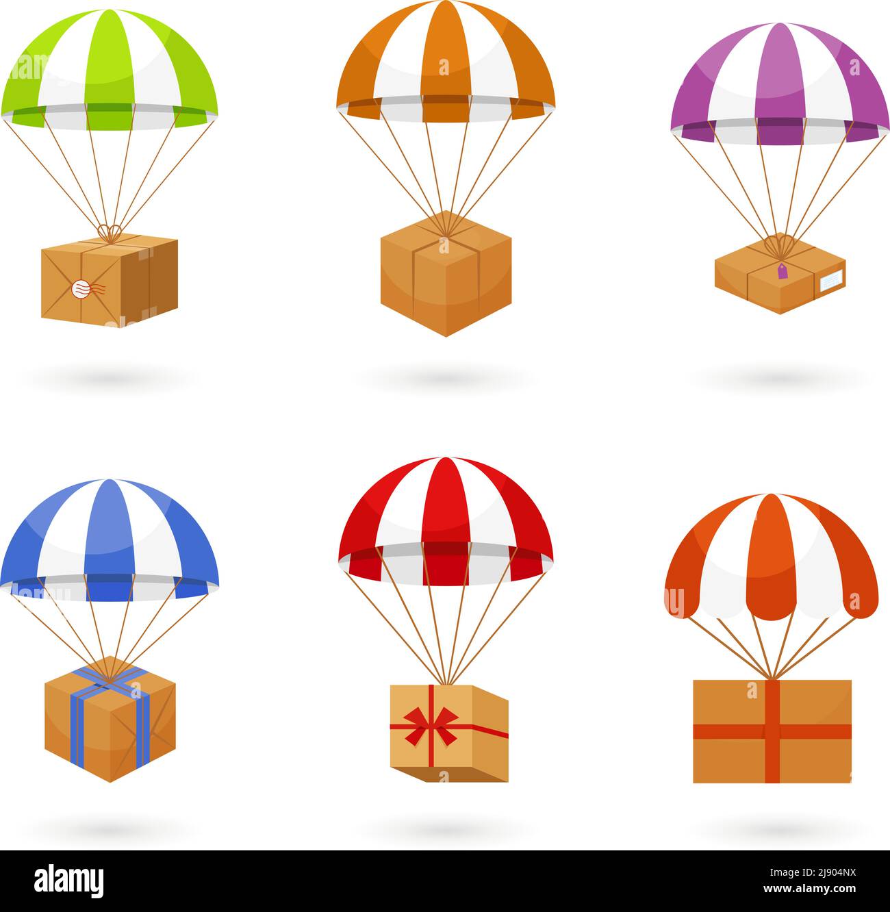 Set of Colored Parachute Carrying Brown Boxes for Delivery  Isolated on White Background. Stock Vector