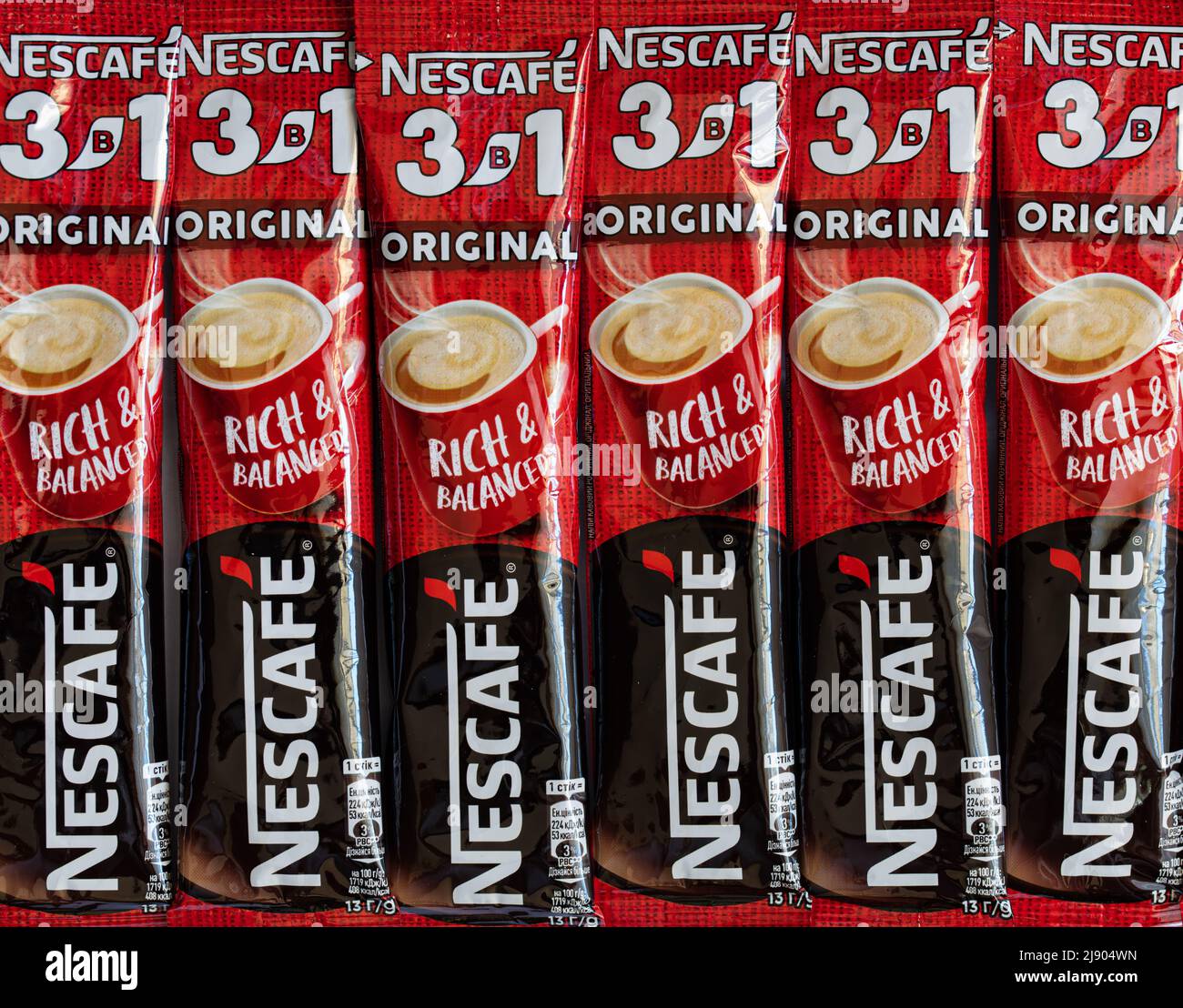 Bern, Switzerland May 10, 2022 sticks of Nescafe 3 in 1 Original