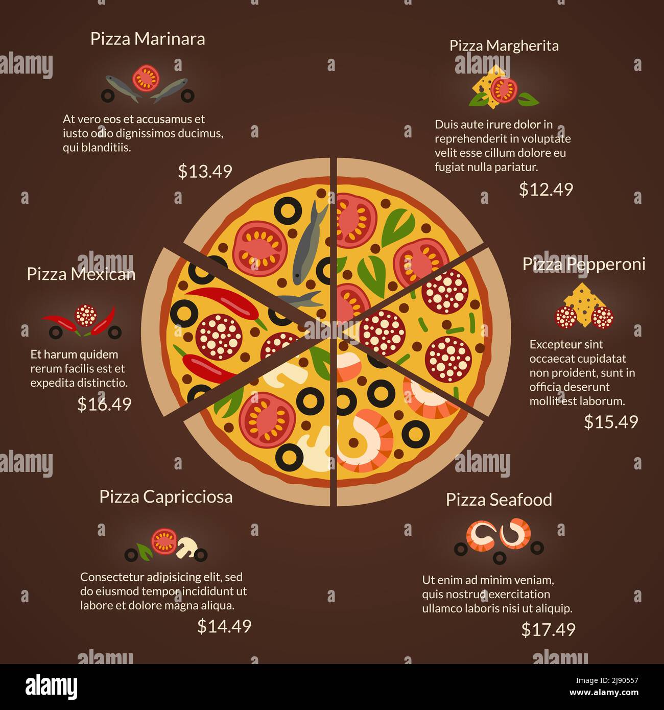 Round pizza with different sort slices and ingredients in flat vector