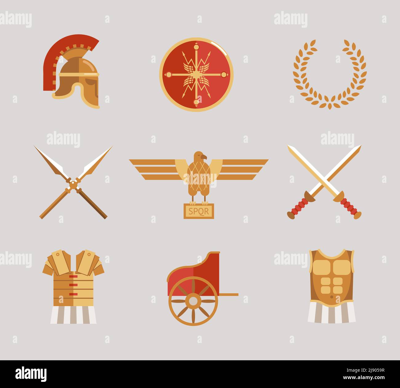 Set of ancient warrior vector accessories with a helmet  spears  swords  wreath  tunic  breastplate  shield and eagle in red and gold Stock Vector